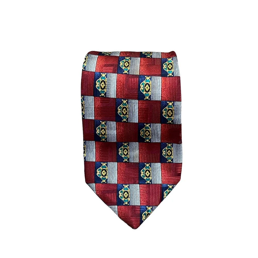 Robert Talbott Studio Mens Tie Red Silver Blue Check Pattern 100% Silk 59